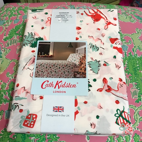 NWT! Cath Kidston London Christmas Full Sheet Set Ditsy Deer Pink 100% Cotton